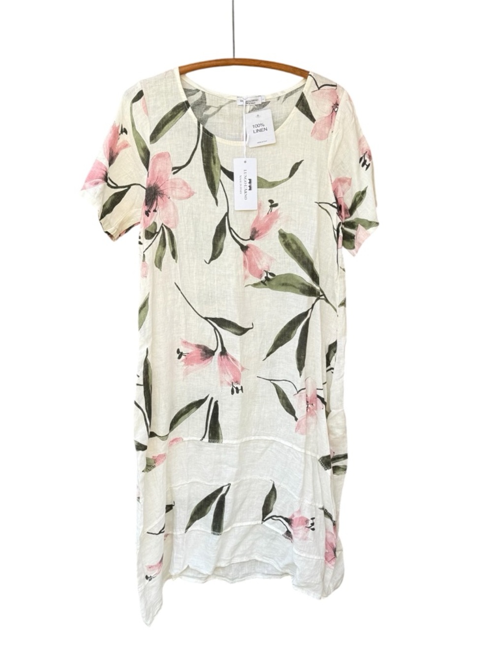 NWT Lightweight 100% Linen Dress in Floral Pink and Green, Summer Fashion Size L
